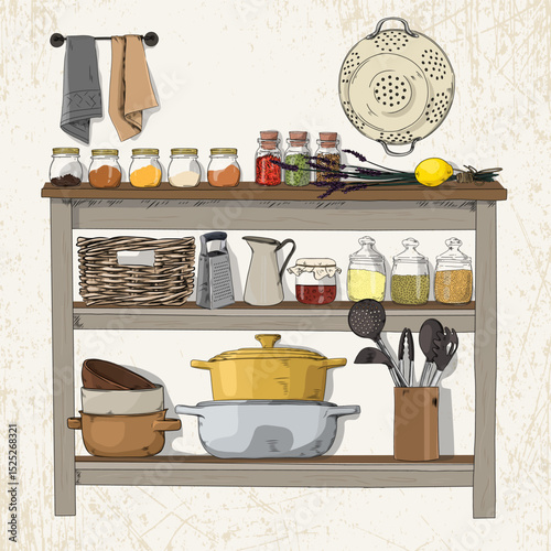 Hand-drawn illustration of a rustic kitchen shelf with baskets, dishes, glass jars, lemon and kitchen utensils on a vintage background.