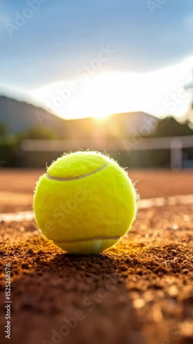 Close-up of a yellow tennis ball resting on a reddish clay court with sunlight, mountains, and a net visible in the blurry background.