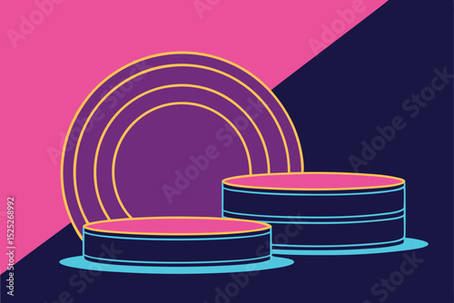 Abstract pop art geometric background with 3d cylindrical podiums and arcs