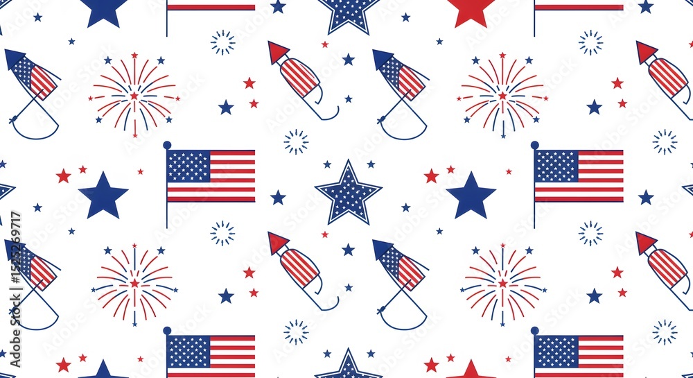 Obraz premium Patriotic Fourth of July Seamless Pattern Fireworks, Flags, and Stars