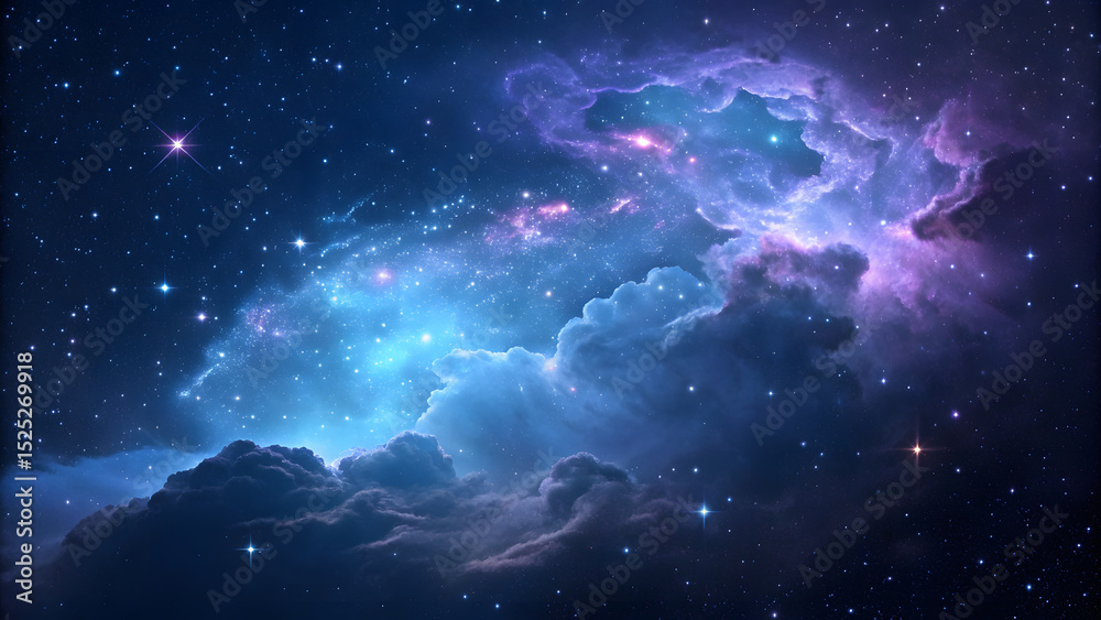 Fototapeta premium Ethereal blue and purple nebula-like cloud composed of sparkling particles, creating a celestial scene reminiscent of deep space phenomena against a dark background