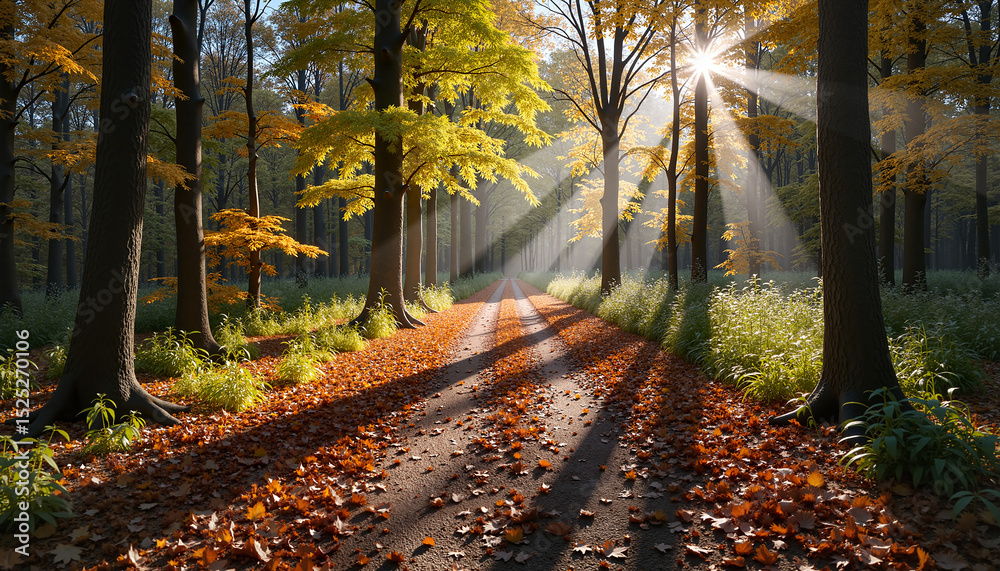 Obraz premium Forest path with autumn leaves, sun rays shining through trees