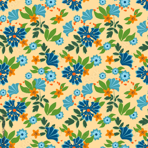 Floral Summer Blues and Orange Seamless Repeat
