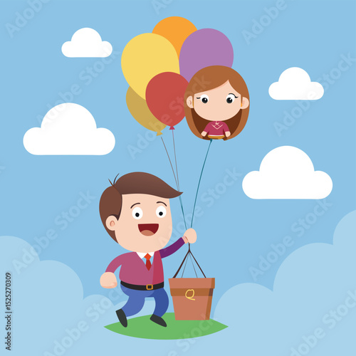 Join the whimsical journey of a cartoon flat guy and girl as they soar through the sky in a colorful balloon, encountering thrilling adventures along the way