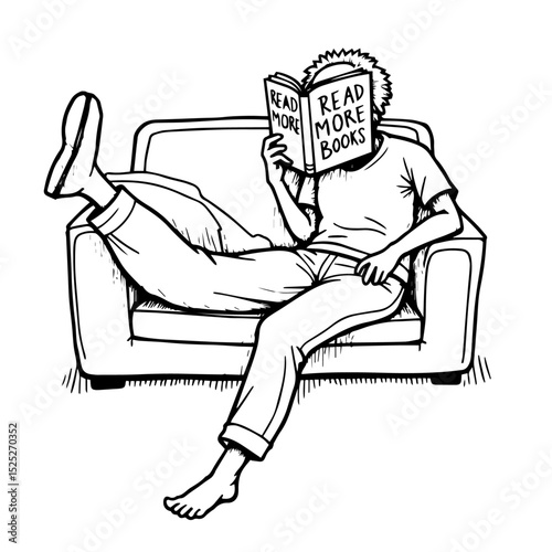 A black and white illustration of a person lounging on a couch, reading a book titled 'READ MORE BOOKS' in a handwritten-style font, with the book covering their face