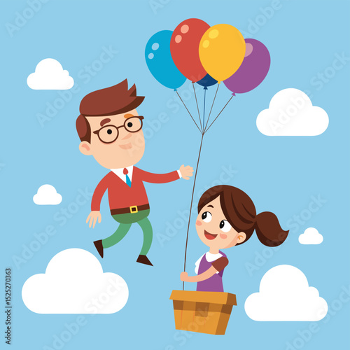 Join the whimsical journey of a cartoon flat guy and girl as they soar through the sky in a colorful balloon, encountering thrilling adventures along the way