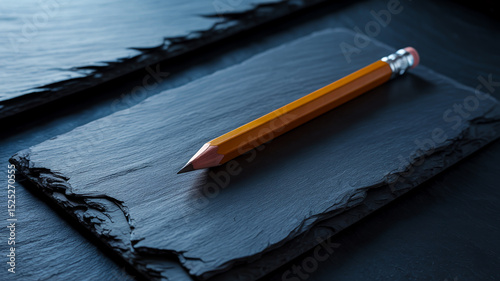 A minimalist photograph of a single wooden pencil lying horizontally on a dark textured slate surface.