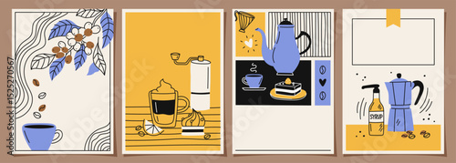 Set of poster designs with coffee beans and leaves on minimal background for invitations, cards, covers, cafe menu or other design template. Vector doodle illustration