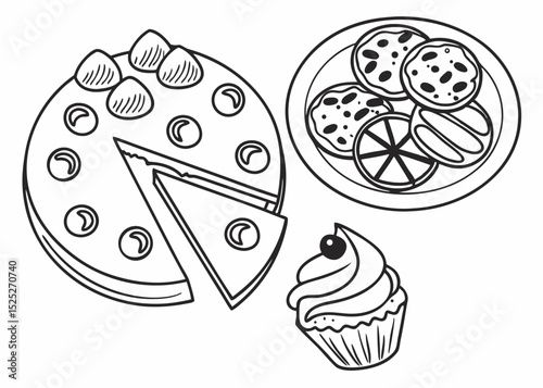 Outline vector illustration of an assortment of berbagai biskuit dan kue kering, arranged neatly, top-down view, delicate line art, transparent background