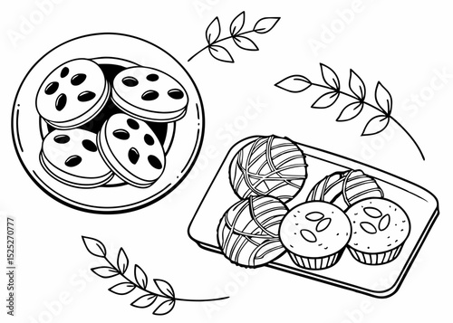 Outline vector illustration of an assortment of berbagai biskuit dan kue kering, arranged neatly, top-down view, delicate line art, transparent background