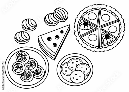 Outline vector illustration of an assortment of berbagai biskuit dan kue kering, arranged neatly, top-down view, delicate line art, transparent background