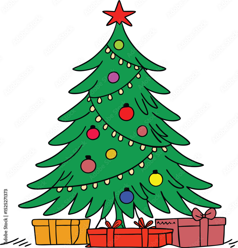 Fototapeta premium Christmas tree with gift box colorful vector illustration clipart design