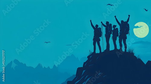 Silhouette of hiking group celebrating summit achievement under moonlight sky