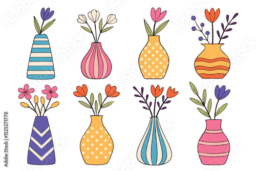 Collection of hand drawn colorful flower vases with various floral arrangements