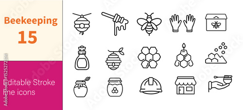 Set of 15 line icons related to honeycomb, honey, beekeeper, wax, beekeeping, bumble, bee hive, apiary, apiculture, Editable stroke