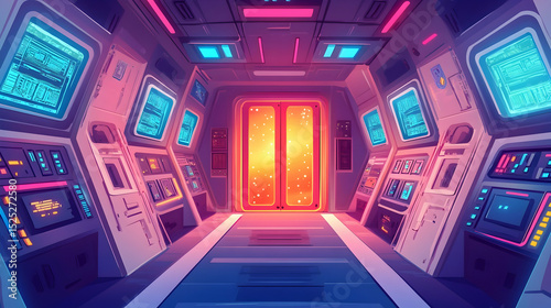Futuristic Spaceship Interior with Glowing Screens and Energetic Portal Doors