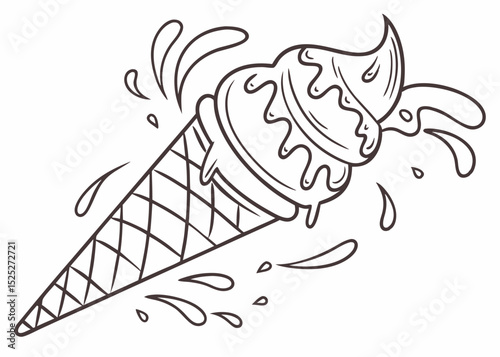 Playful outline vector of a es krim cone meleleh, dynamic lines suggesting movement, vibrant line art, isolated on a pastel background.
