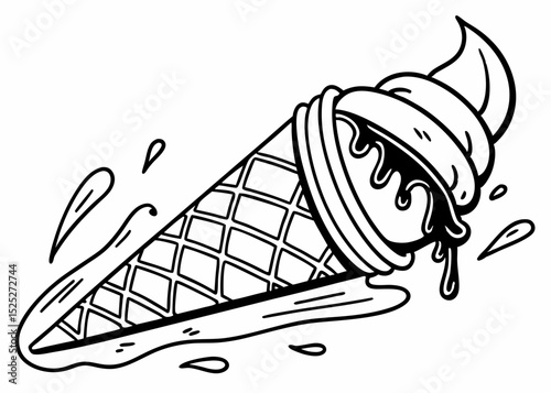 Playful outline vector of a es krim cone meleleh, dynamic lines suggesting movement, vibrant line art, isolated on a pastel background.