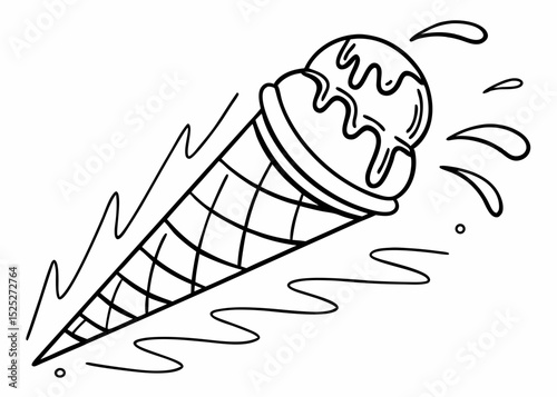 Playful outline vector of a es krim cone meleleh, dynamic lines suggesting movement, vibrant line art, isolated on a pastel background.