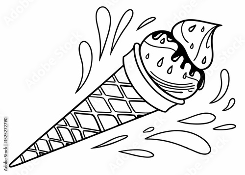 Playful outline vector of a es krim cone meleleh, dynamic lines suggesting movement, vibrant line art, isolated on a pastel background.