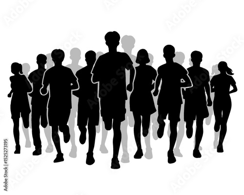 Silhouette of crowd of young people running, morning jogging, isolated icon on white background.	