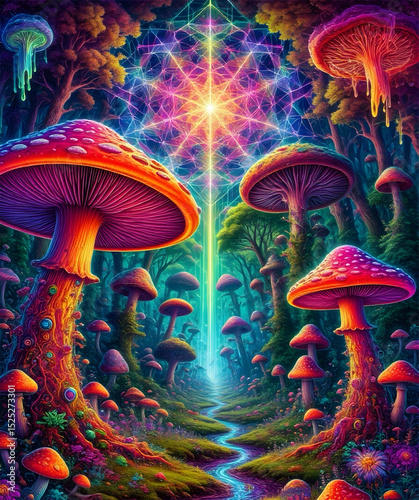 Hyper-Realistic Psychedelic Magic Mushroom Trip with Kaleidoscopic Patterns