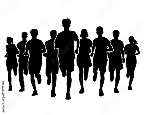Silhouette of crowd of young people running, morning jogging, isolated icon on white background.	