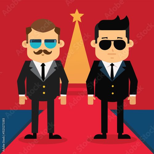Discover our charming cartoon characters featuring two bodyguards on a red carpet, perfect for celebrity events and entertainment-themed designs.
