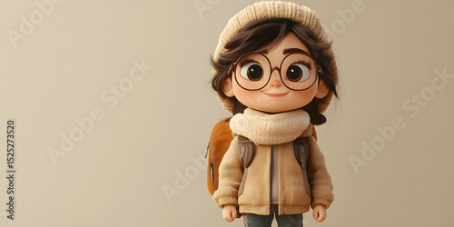 Girl Traveler's Dream: A young girl ready for travel with eyeglasses and backpack on the journey, she embodies wanderlust, imagination and the spirit of exploration.