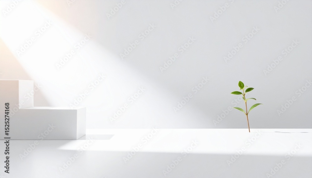 Obraz premium Minimalist White Product Display with Sunlight and Plant Sprout.