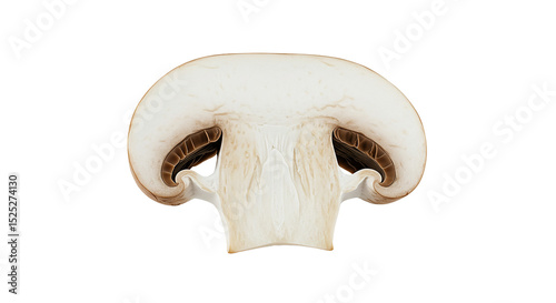 cross section of a fresh mushroom, cleanly sliced to reveal the inner texture and gills, natural white and beige tones, realistic moisture and fibrous detail on the cut surface, isolated on white back photo