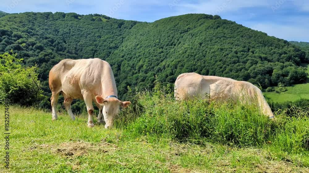 Gado bovino a pastar em verdejantes pastagens nas altas montanhas bascas sob um céu azul em França