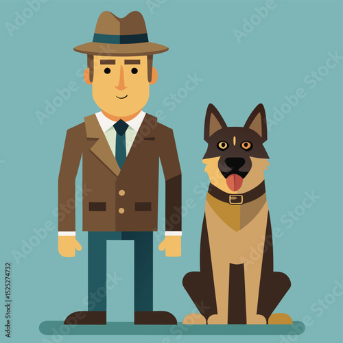 Explore our detailed flat vector illustration of an agent alongside a loyal German Shepherd, perfect for security, detective, and animal-themed designs.

