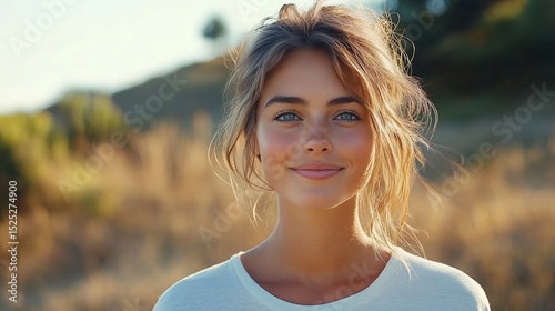Captivating close-up portrait of a radiant woman, bathed in natural light, emanates pure joy and serenity, surrounded by a backdrop of golden fields.
