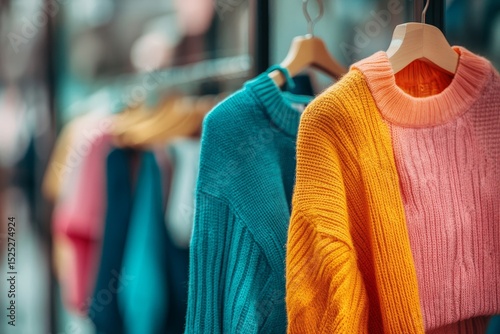 A vibrant array of colorful sweaters hanging on wooden hangers within a shop display, a showcase of cozy fashion items.