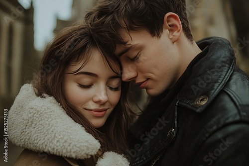 An intimate close-up captures the essence of young love. A tender couple embracing, their faces softly touching, eyes closed, lost in a moment of pure connection.