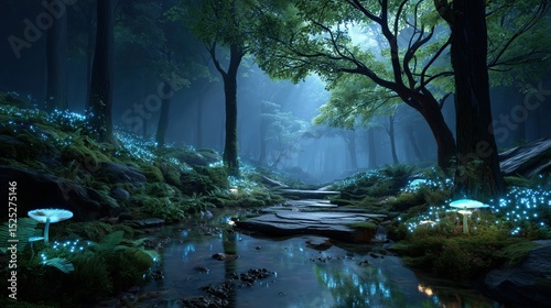 Glowing forest with blue mushrooms and magic lights along river path at night