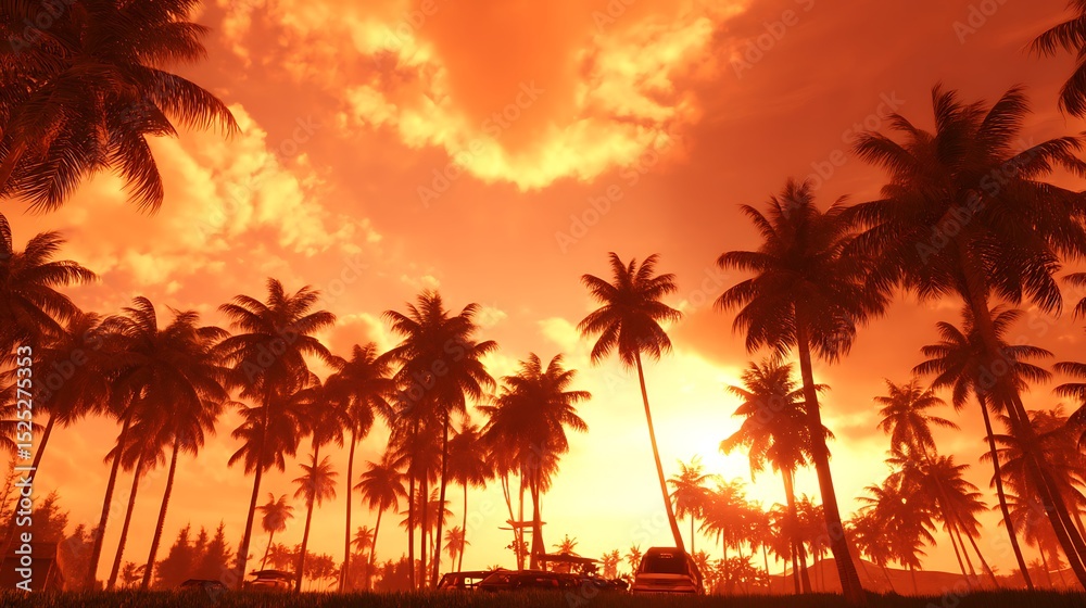 Obraz premium Tropical sunset with palms and vehicles