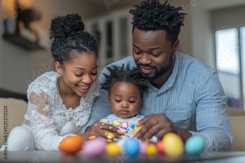 A loving black family gathers around a table, their faces alight with joy as they enjoy the vibrant colors of decorated Easter eggs, creating a warm and intimate holiday moment.