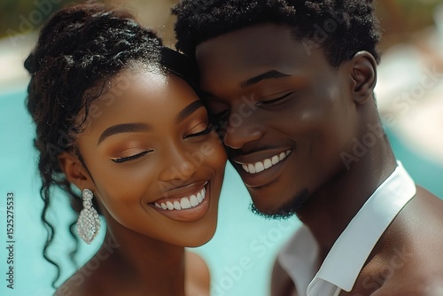 Capturing an intimate moment of love and affection. A beautiful couple embraces, their smiles radiating pure joy and happiness, set against a serene backdrop.