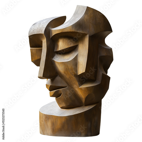 Geometric - spliced wood - carved human head sculpture, abstract shape, showing artistic creativity on PNG transparent background.