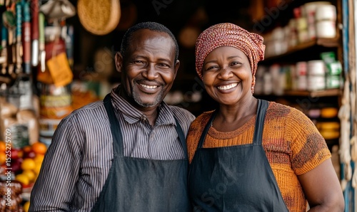 A heartwarming portrait of a joyful couple, standing proudly in front of their shop, radiating happiness and success, symbolizing the essence of entrepreneurship.