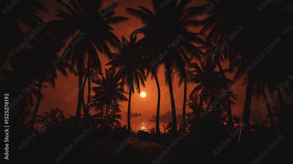 Obraz premium Tropical sunset silhouettes with orange ambiance