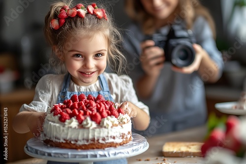 A delightful little girl proudly presents a delicious, homemade strawberry cake in a cozy, inviting kitchen setting. A photographer, her mother, captures the moment of joyful baking.