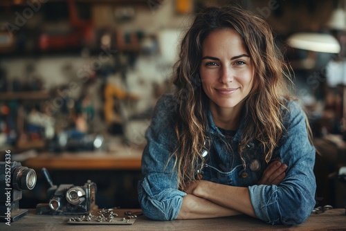 A skilled artisan, embodies passion and creativity, a woman radiates confidence and expertise in her workshop, surrounded by her tools and projects, she is ready to create and inspire.