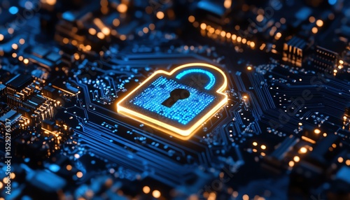 A glowing padlock icon on a digital circuit board, symbolizing cybersecurity, with blue tones and high contrast