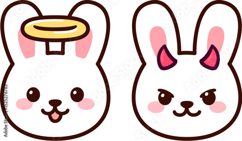 Angel with halo and devil with horns bunny face, cute cartoon drawing. Simple kawaii white rabbit illustration.