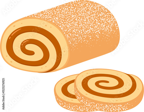 Brazo de reina or brazo gitano, traditional sweet pastry. Swiss roll cake filled with manjar (dulce de leche). Cartoon drawing, vector clip art illustration.