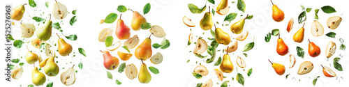 Falling pears with green leaves isolated on transparent background.