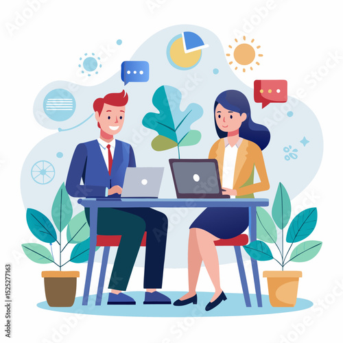  Illustration Business Meeting Teamwork Concept Featuring a Businessman and Companion in a Professional Setting